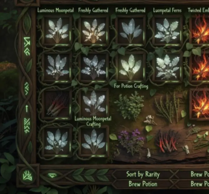 Inventory with herbs and crafting materials from a fantasy forest RPG