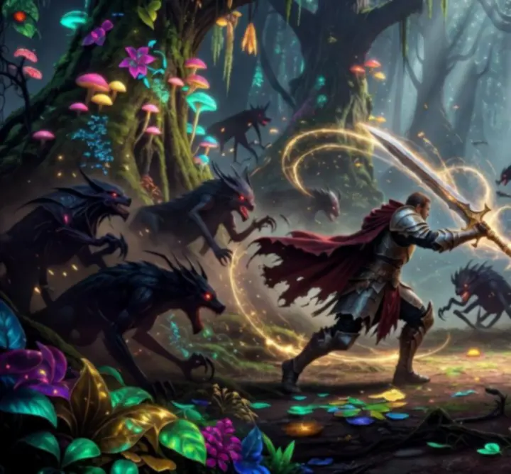 Fantasy hero facing mystical creatures in an enchanted forest battle scene.