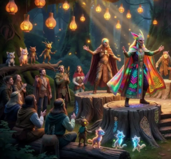 Cosplayers and fan artists dressed and posed as characters inspired by Tchia's magical forest world