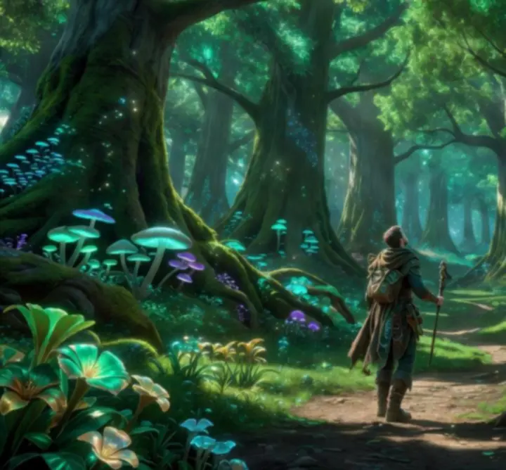 Fantasy forest gameplay scene with a traveler exploring a glowing woodland in Genshin Impact