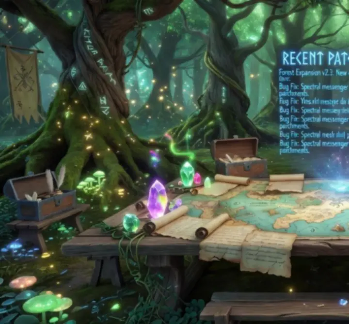 Arcane newsroom set beneath glowing forest canopies, sharing Vantage Leaf updates