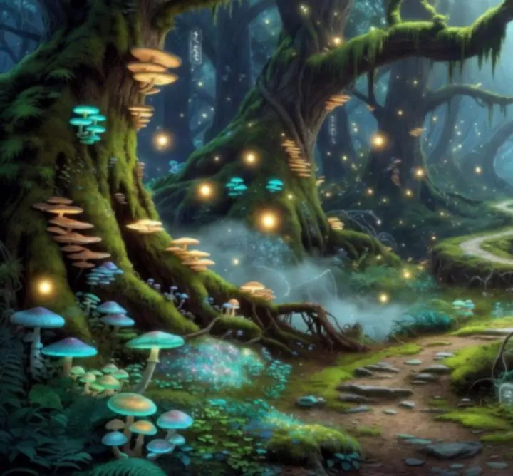 A glowing forest path in a fantasy world, showing multiple branching routes for exploration.
