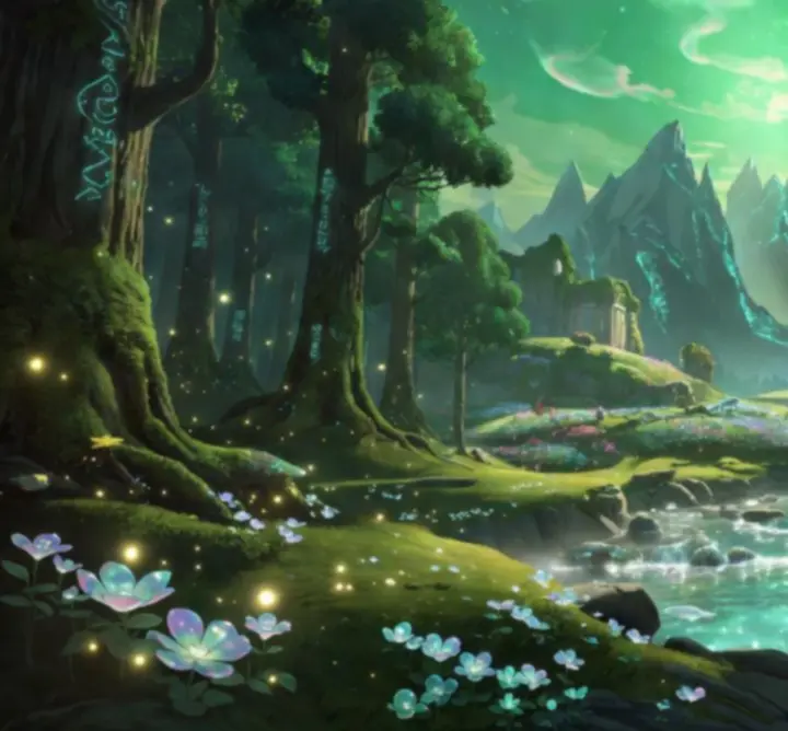 Magical fantasy landscape inspired by Genshin Impact, with floating islands and glowing forests