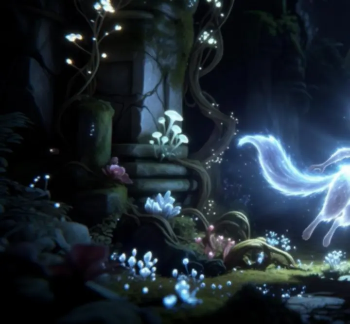 Glowing spirit Ori, ready for combat with light-based powers