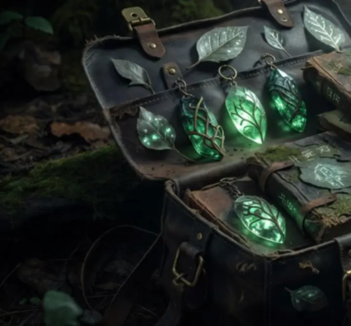 Fantasy inventory screen showing glowing magical artifacts and forest-themed gear.