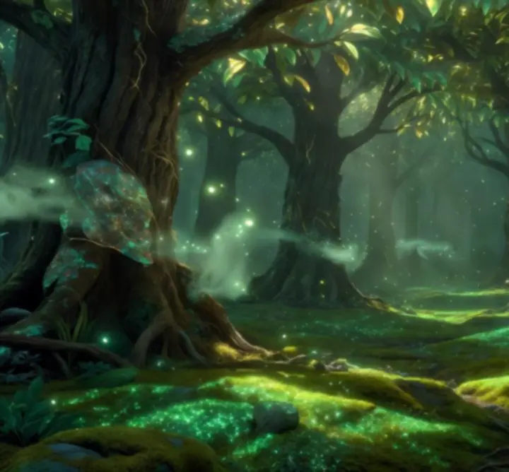 Glowing magical forest landscape with emerald and cyan lights