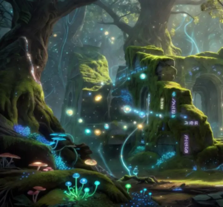 Magical ruins and glowing forest environment representing exploration in Genshin Impact