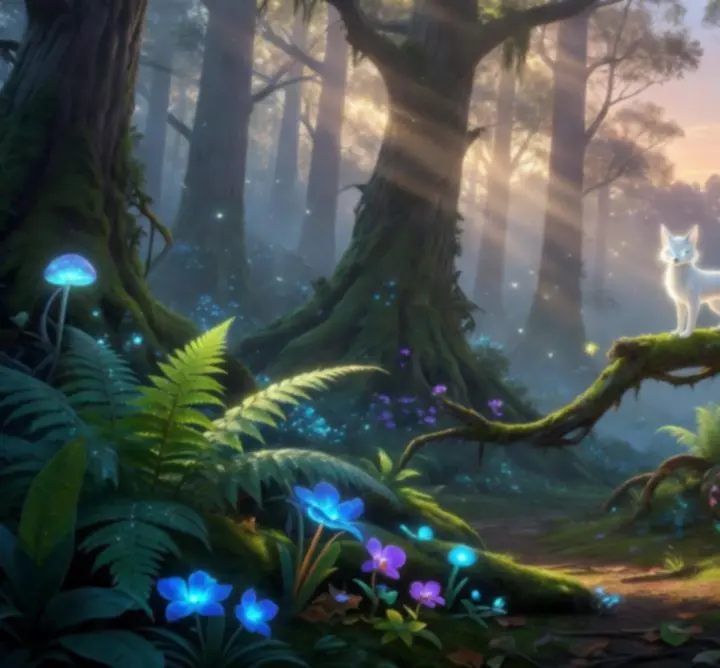 Ori standing in a mystical emerald forest, surrounded by glowing leaves