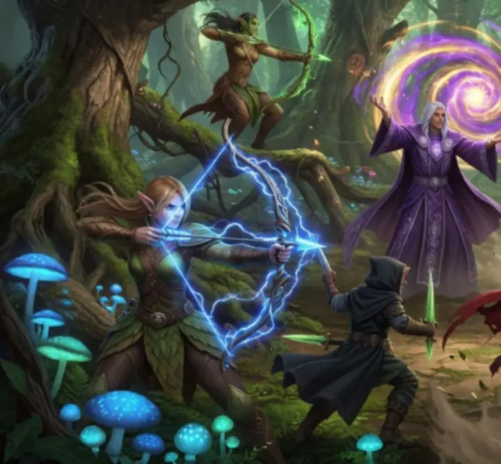 Tactical fantasy RPG battle with party fighting in a glowing forest arena